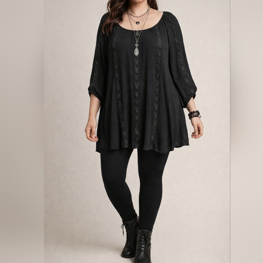 Black Plus-Size Lace-Trim Tunic Top